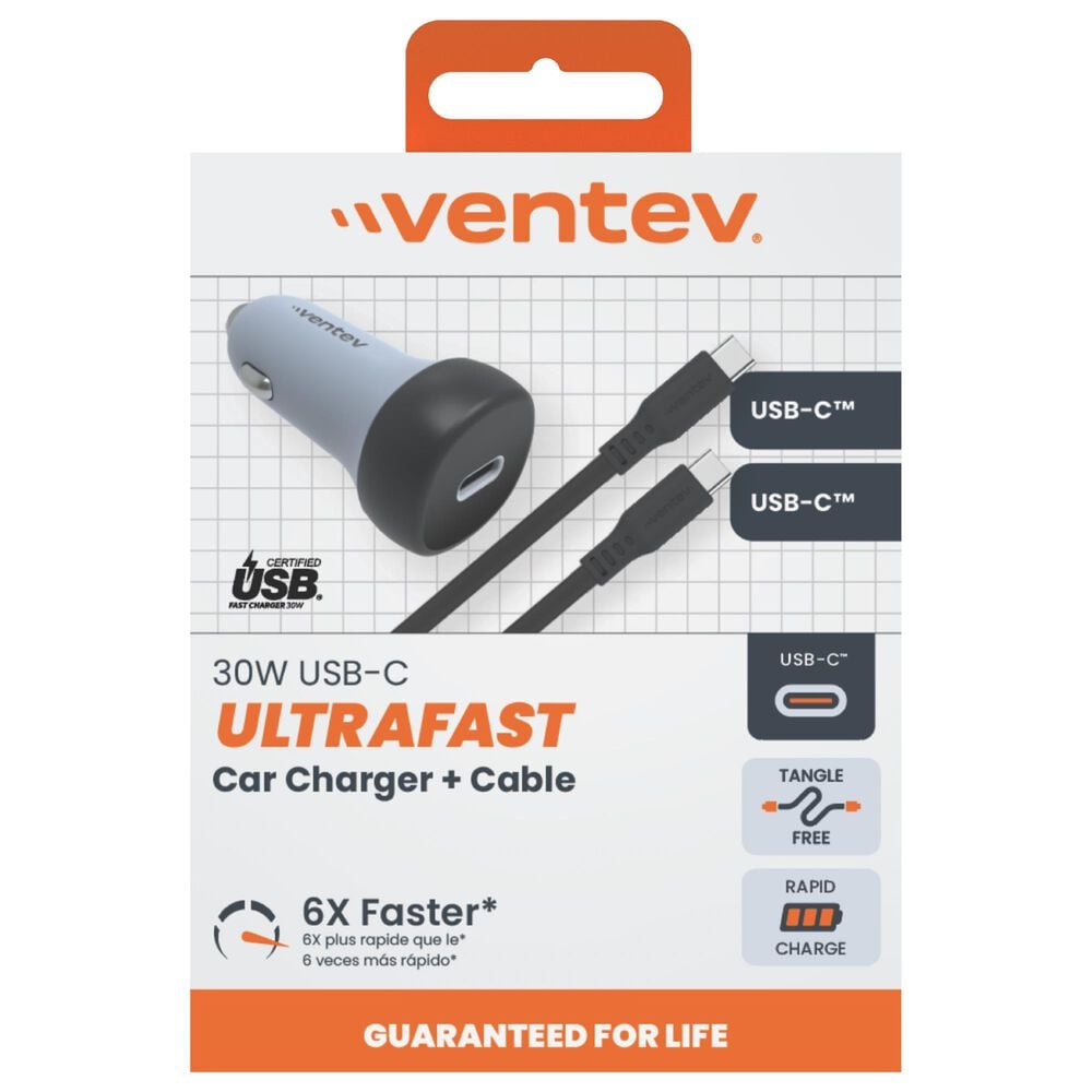Ventev Ultrafast USB-C Universal Car Charger and Cable in Dark Gray, , large