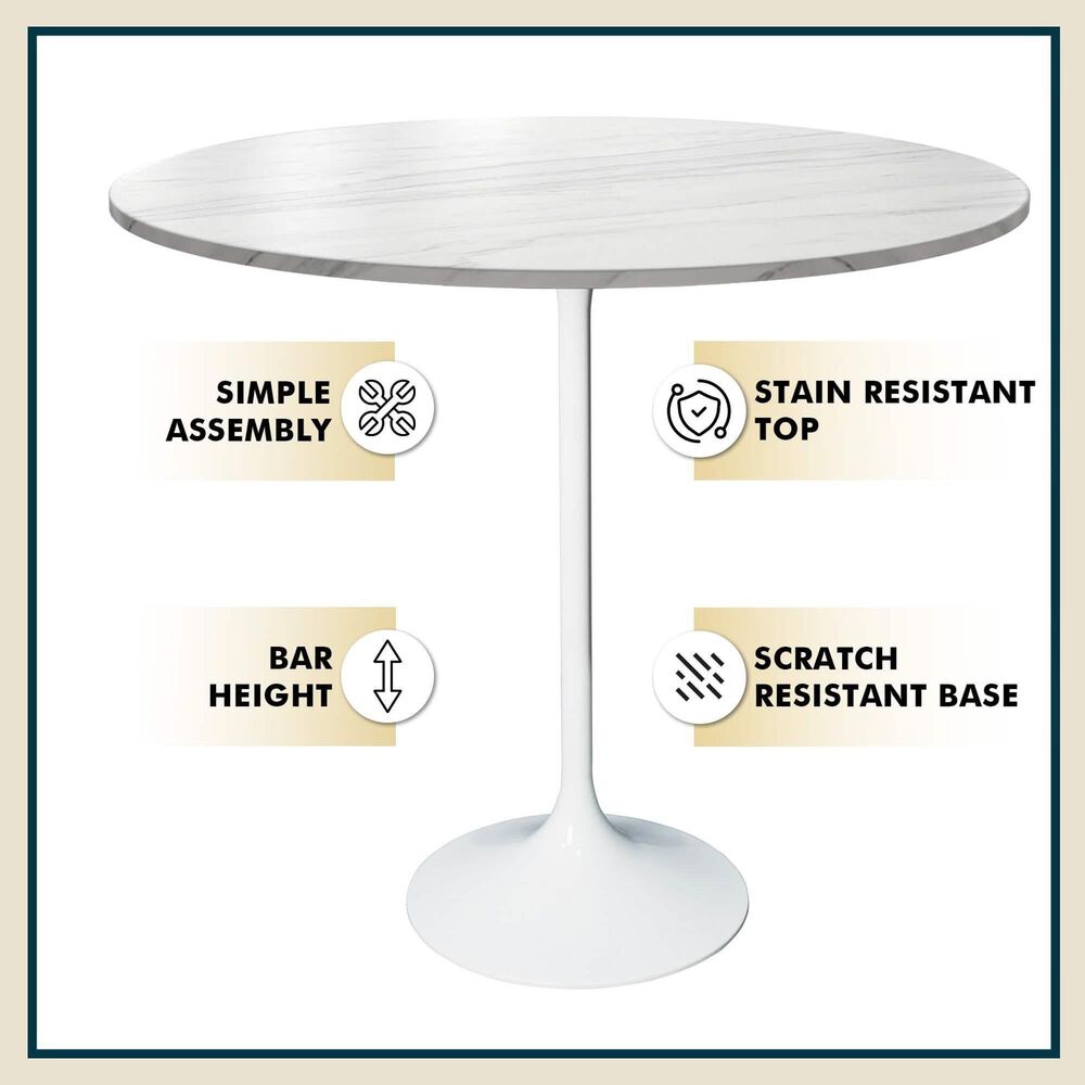 Leisuremod LeisureMod Verve Collection Modern Bar Height Table White Base with 48 Round Marble White Sintered Stone Top, , large
