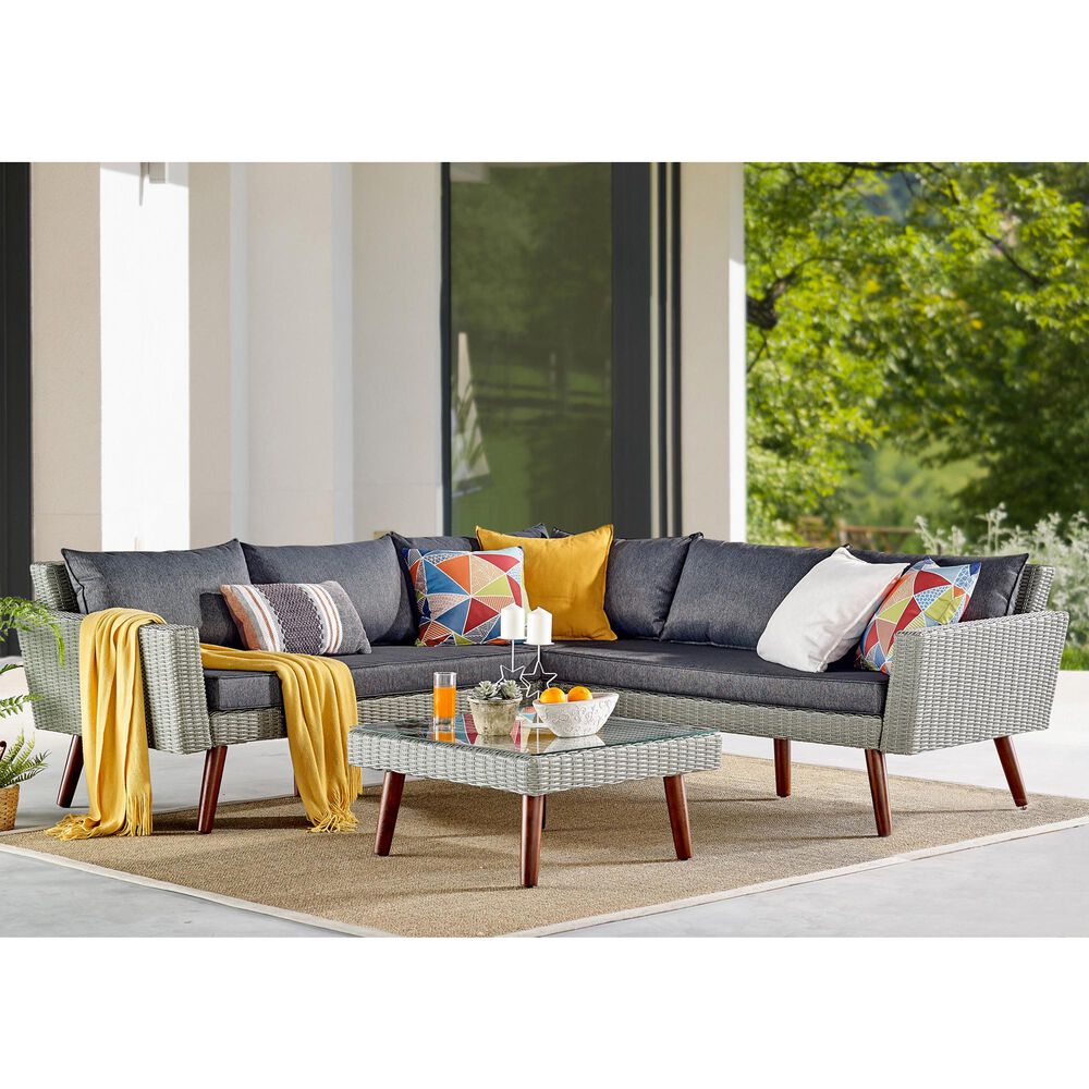 Bolton Furniture Albany Outdoor Corner Sectional with 29" Coffee Table in Brown/Dark Gray, , large