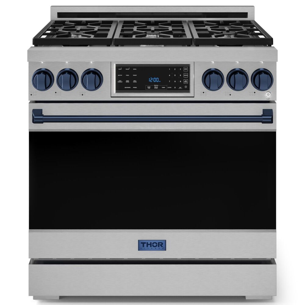 THOR KITCHEN Gordon Ramsay 6 Cu. Ft. 36" Professional Liquid Propane Range with Navy Blue Handle Kit in Stainless Steel, , large