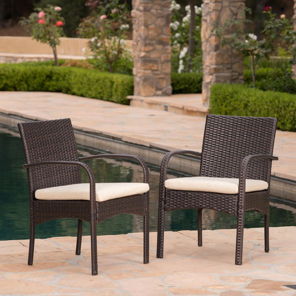 Hearth and Haven Cordoba Outdoor Dining Chair with Beige Cushions in Brown &#40;Set of 2&#41;, , large