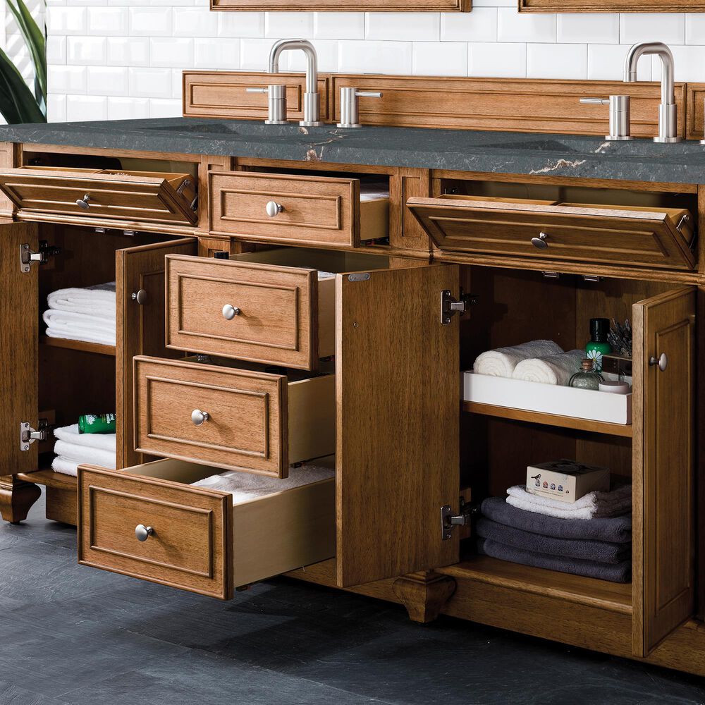 James Martin Vanities Bristol 72&quot; Double Bathroom Vanity in Saddle Brown with 3 cm Parisien Bleu Quartz Top and Rectangular Sinks, , large