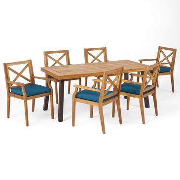 Noble House Juniper 7-Piece Patio Dining Set with Blue Cushion in Teak, , large