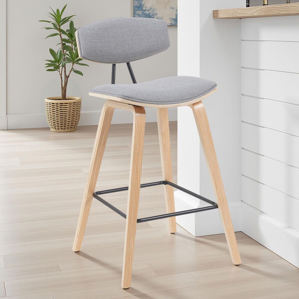 Armen Living Fox Bar Height Stool with Gray Upholstery in Patterned Oak, , large