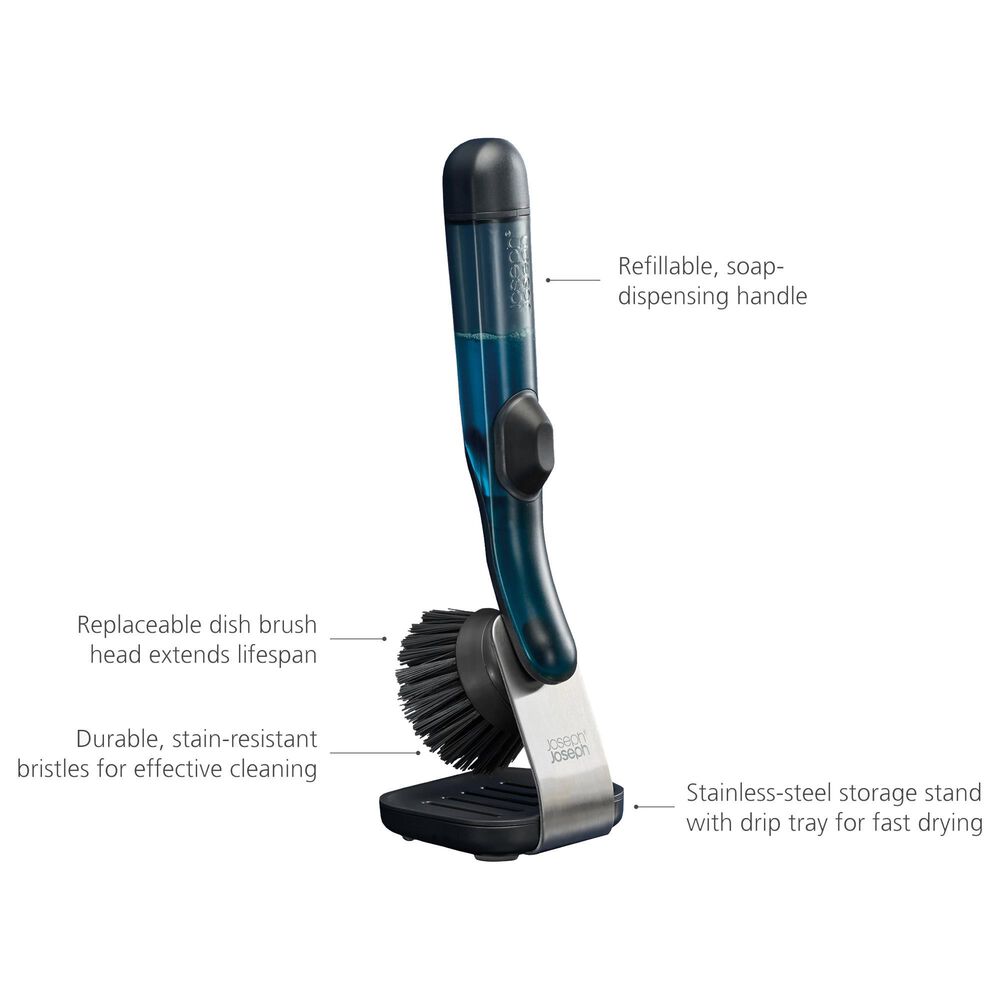 Joseph Joseph SinkTech Soap Dispensing Washing Up Brush with Steel Stand in Clear and Black, , large