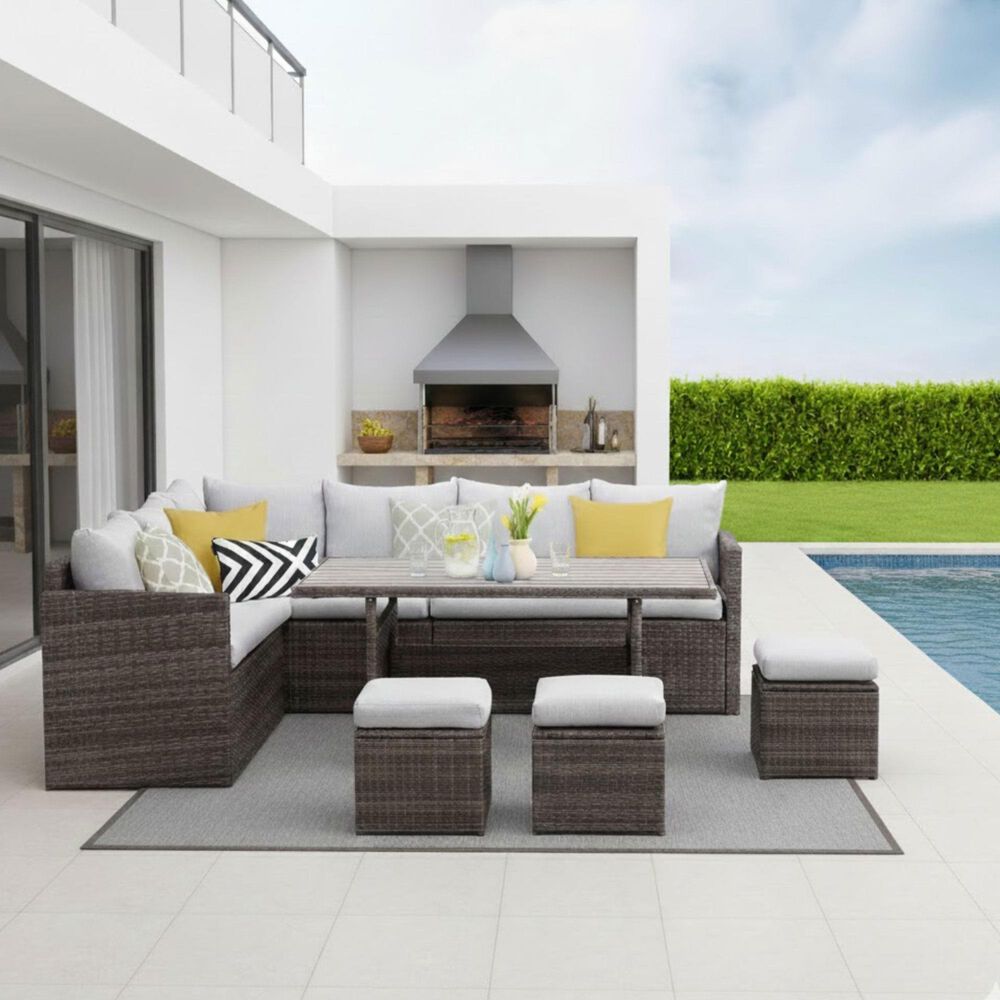 Hearth and Haven 7-Piece Outdoor Dining Set with Grey Cushion in Brown, , large