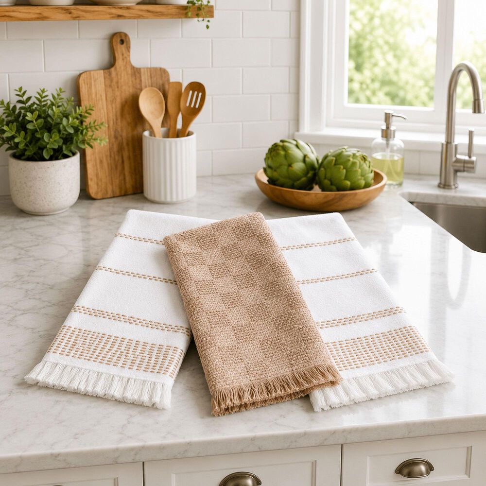 Willow &amp; Hem Eden Turkish Cotton Kitchen Towel in Tan and White (Set of 3), , large