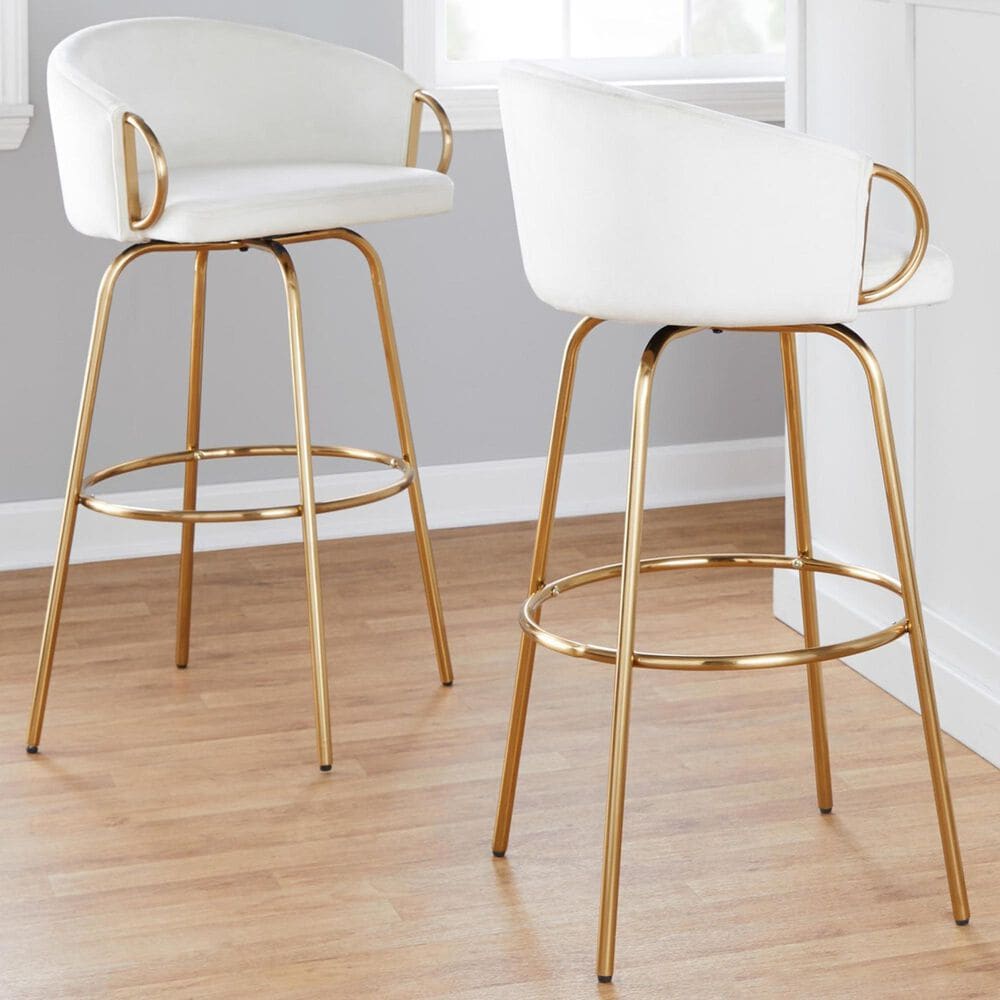 LumiSource Claire Swivel Barstool with Cream Velvet Upholstery in Gold (Set of 2), , large