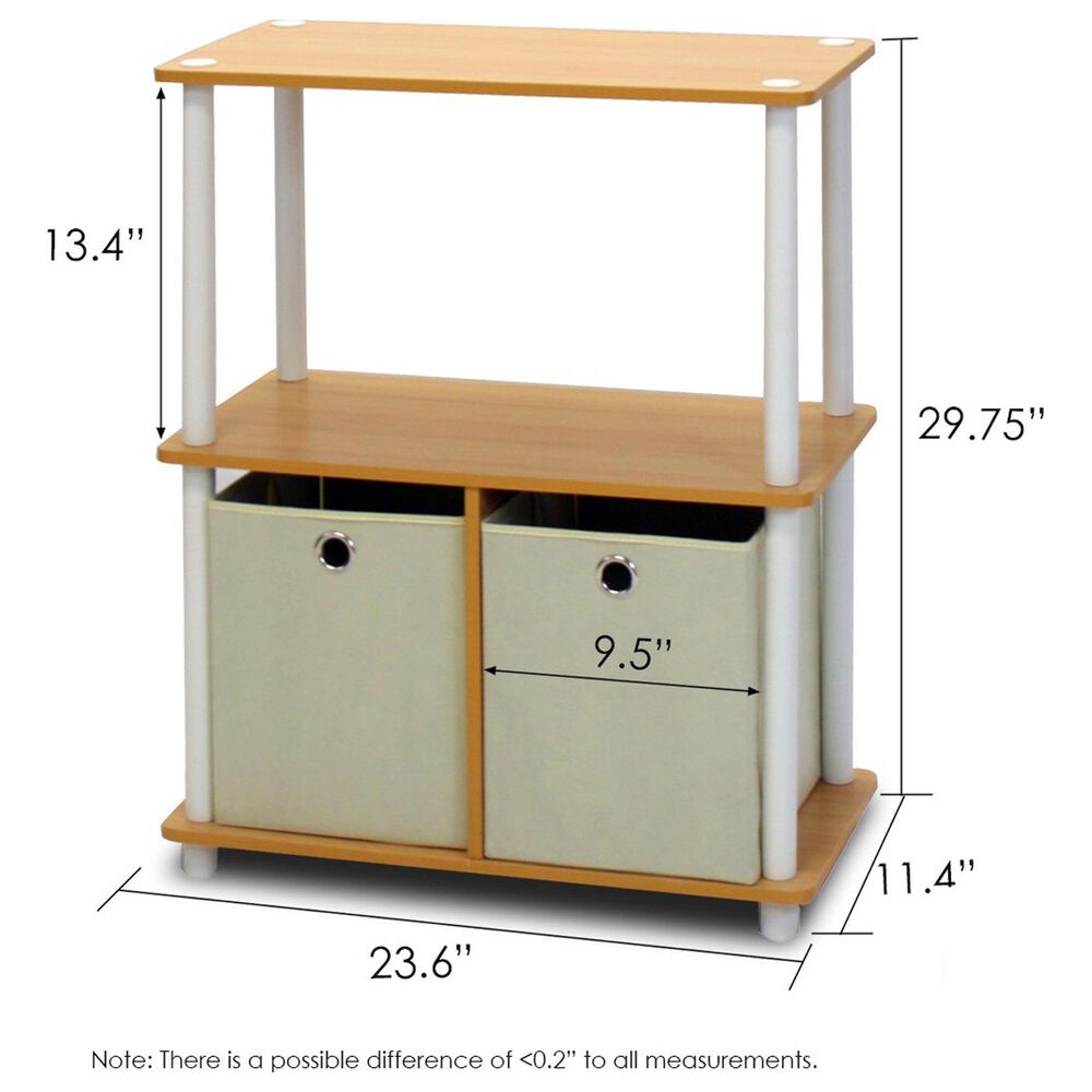 HOMLUX 3-Tier Multi-Purpose Bookcase with Two Bins in Beech and White (Set of 2), , large