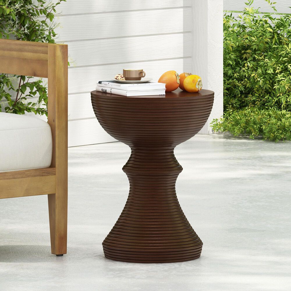 Hearth and Haven Outdoor Hourglass Concrete Side Table with Horizontal Ridges Design in Brown, , large