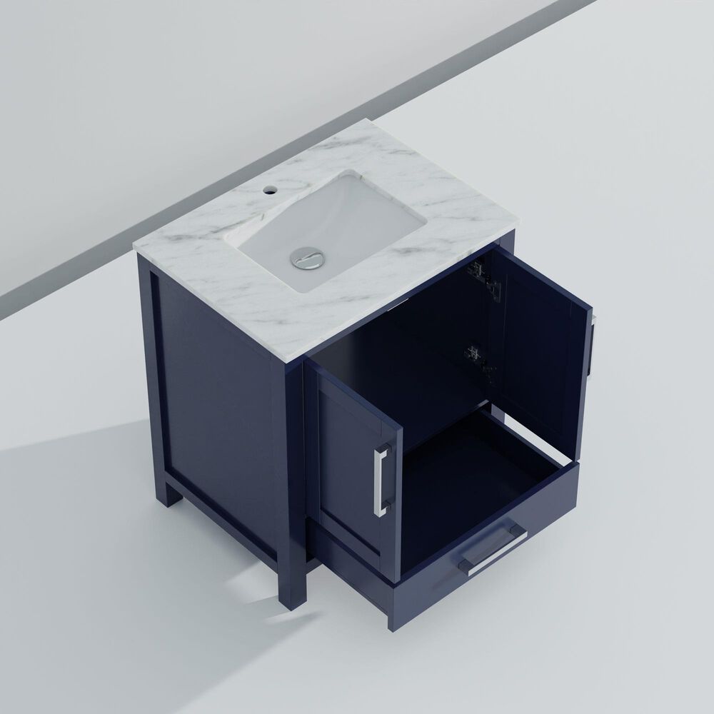 Lexora Home Jacques 30&quot; Single Bathroom Vanity in Navy Blue with 2 cm White Carrara Marble Top and Rectangular Sink, , large