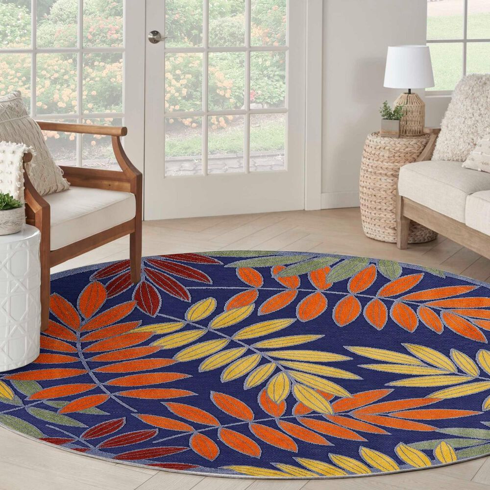 Nourison Aloha ALH18 5&#39;3&quot; Round Navy and Multicolor Indoor/Outdoor Area Rug, , large