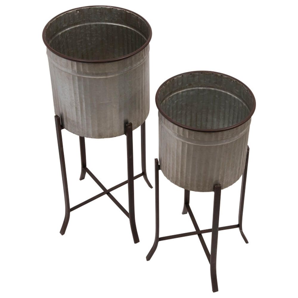 Creative Coop 2-Piece Round Corrugated Metal Planter on Stand Set in Silver and Black, , large