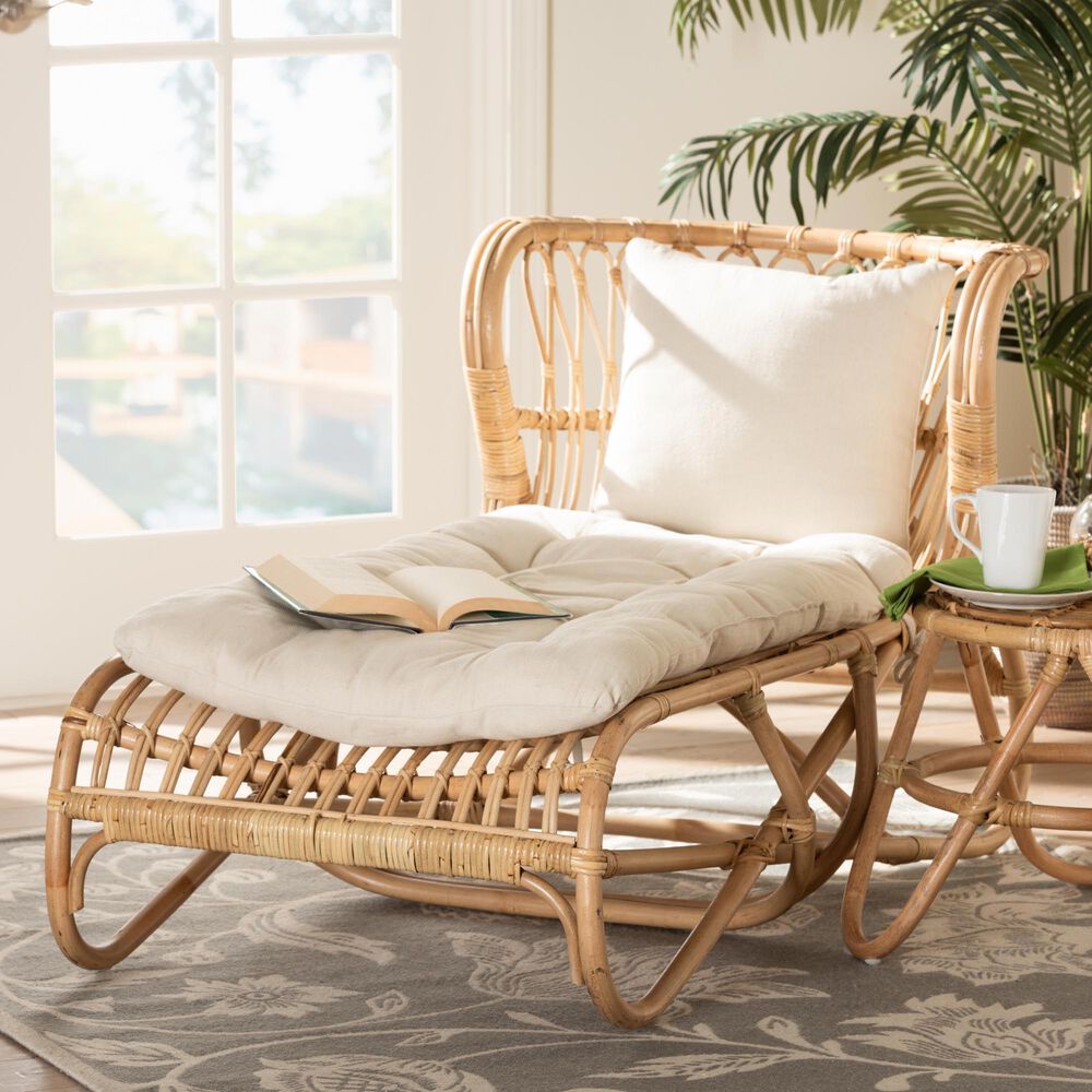 Baxton Studio Delara Chaise with Natural Brown Rattan in White, , large