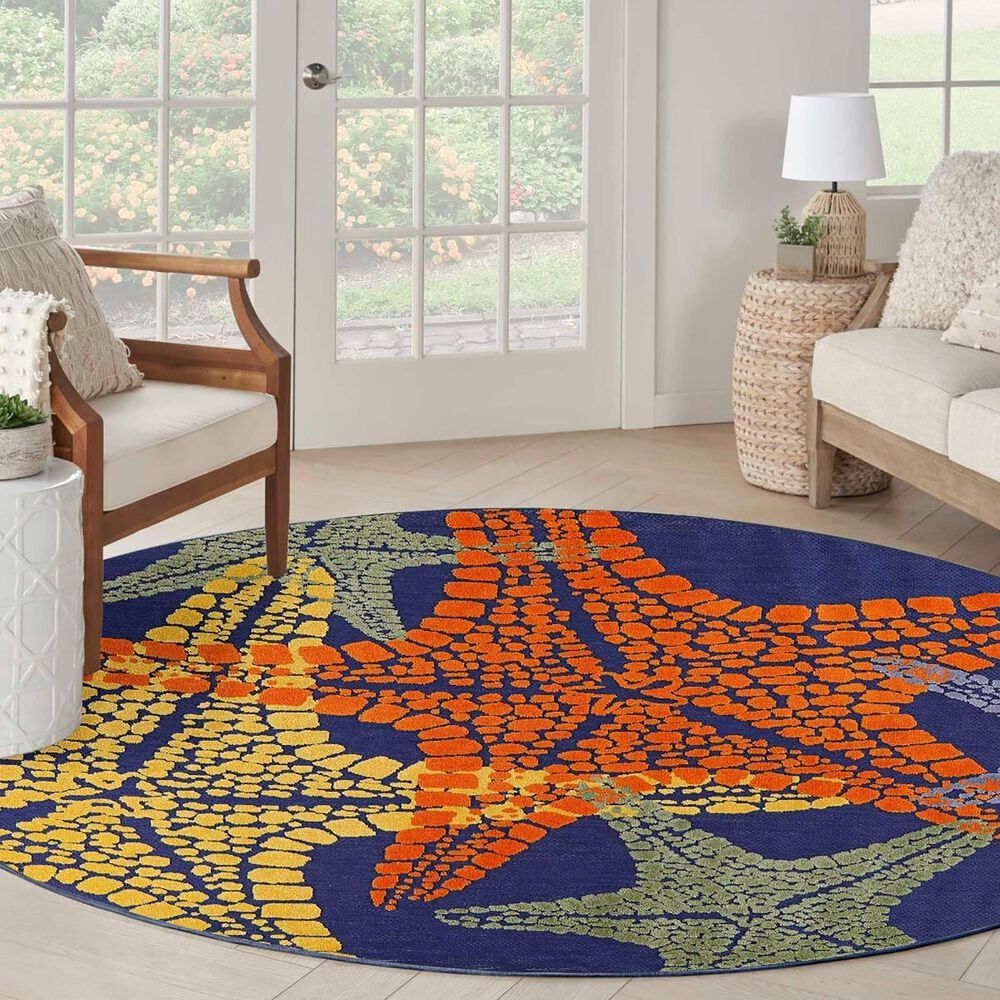 Nourison Aloha 5&#39;3&quot; Round Blue and Multicolor Indoor/Outdoor Area Rug, , large