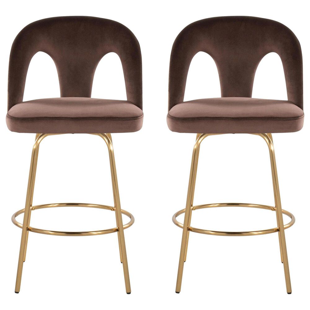 LumiSource Ava Swivel Counter Stool with Espresso Velvet Upholstery in Gold (Set of 2), , large