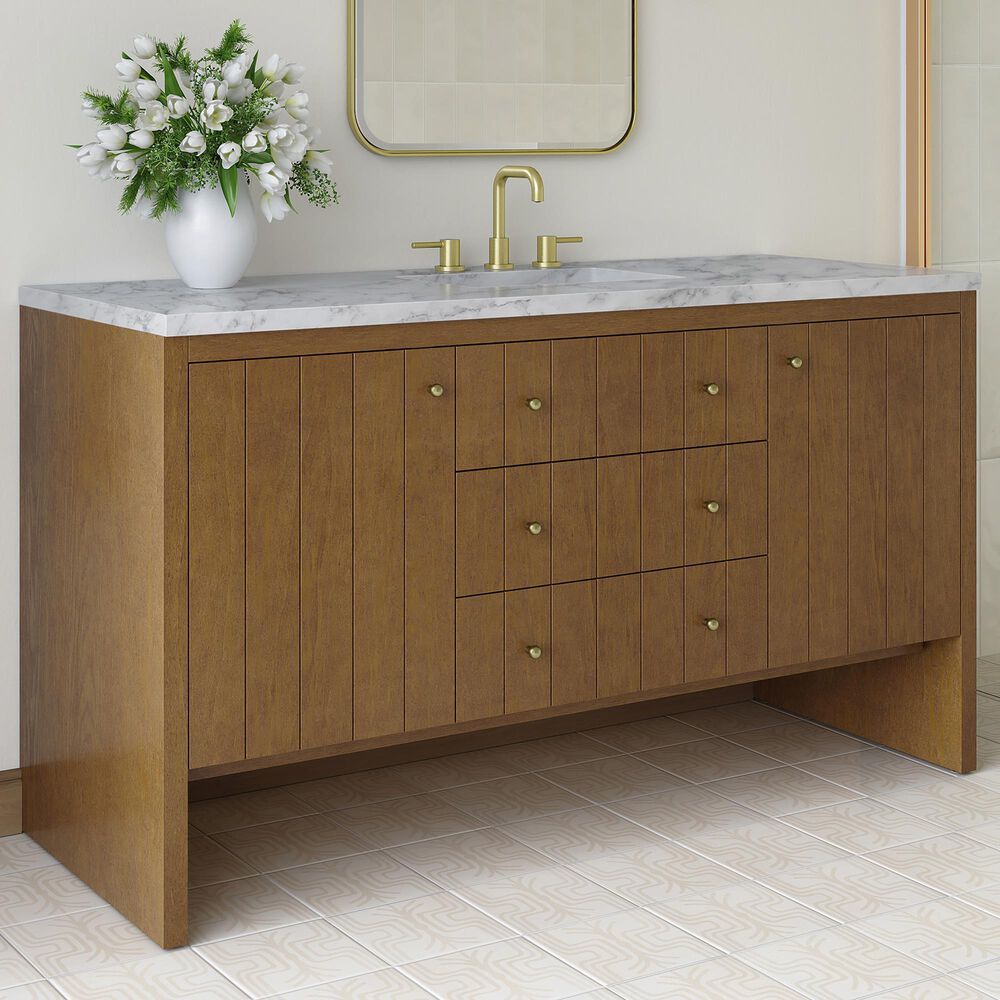 James Martin Hudson 60" Single Bathroom Vanity in Honey Oak with 3 cm Carrara Marble Top and Rectangular Sink, , large