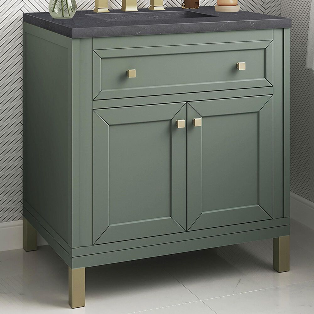 James Martin Vanities Chicago 30&quot; Single Bathroom Vanity in Smokey Celadon with 3 cm Charcoal Soapstone Quartz Top and Rectangular Sink, , large