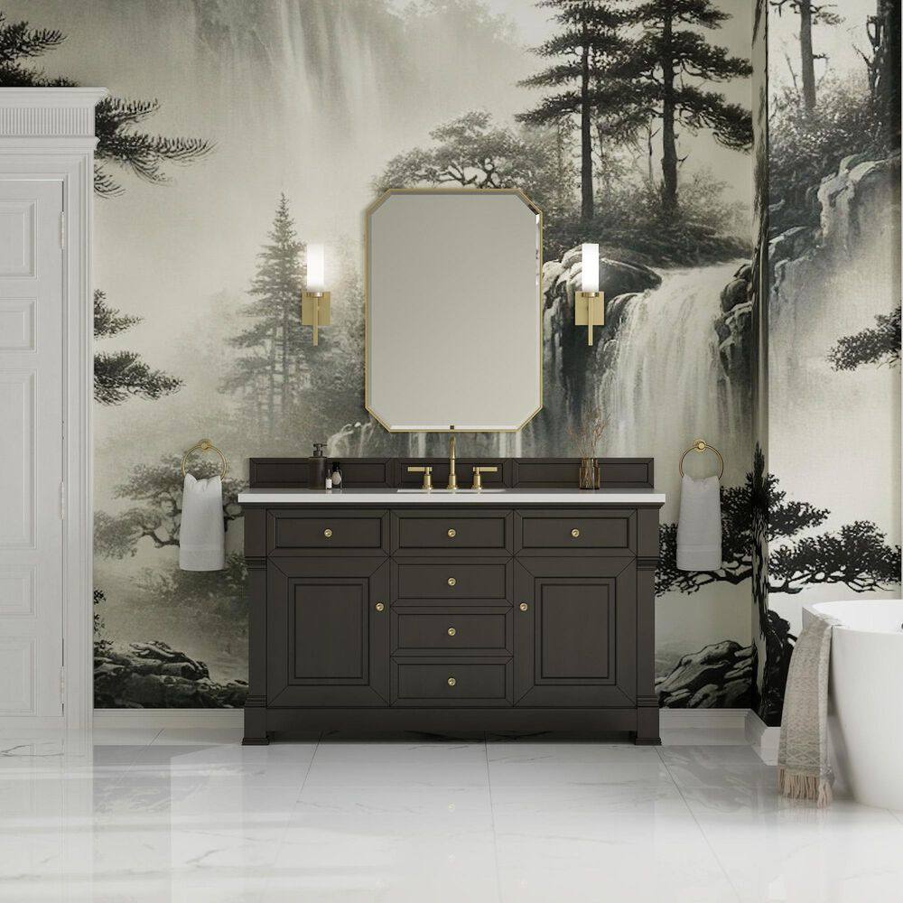 James Martin Vanities Brookfield 60&quot; Single Bathroom Vanity in Black Onyx with 3 cm White Zeus Quartz Top and Rectangular Sink, , large