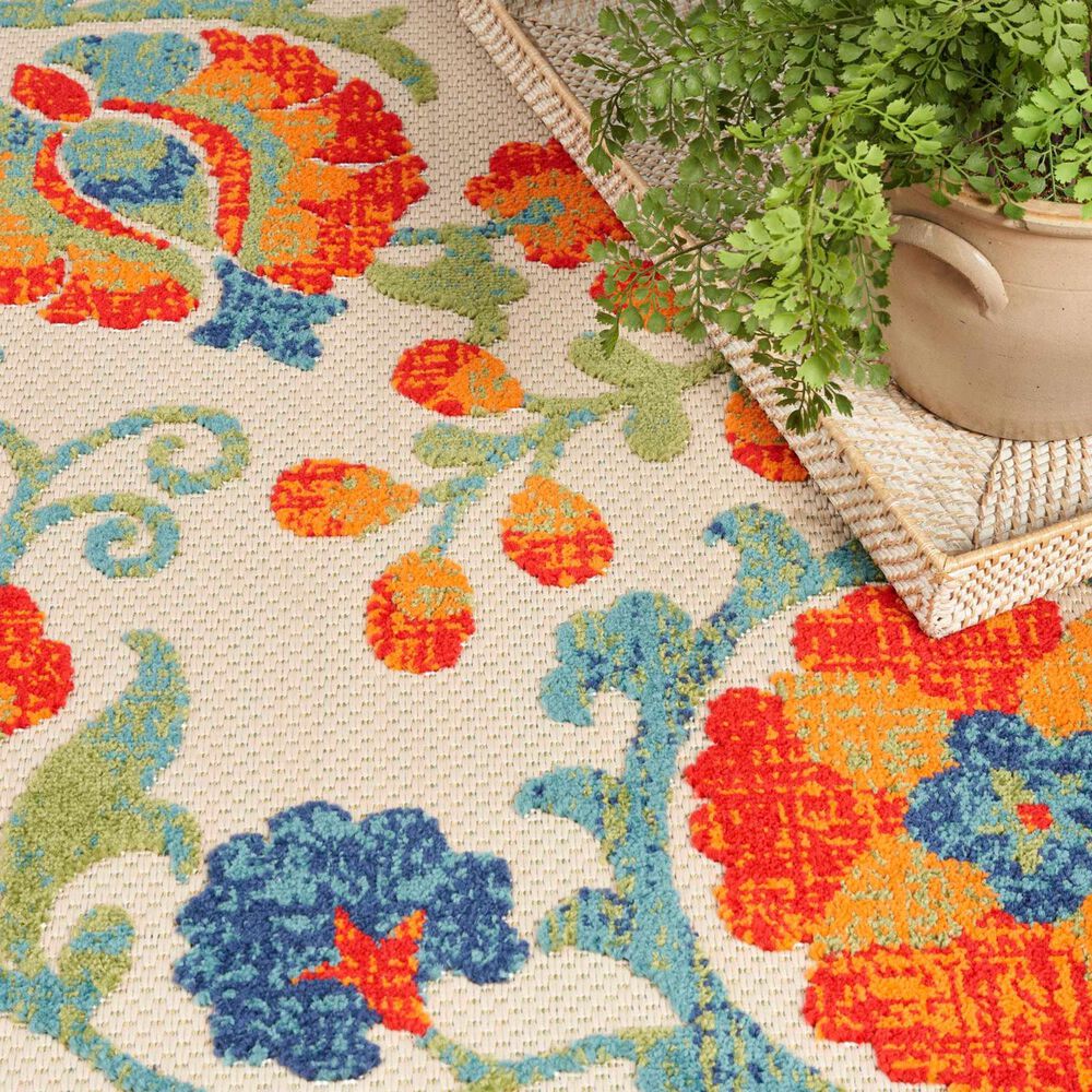 Nourison Aloha 5&#39;3&quot; Round Red and Multicolor Indoor/Outdoor Area Rug, , large