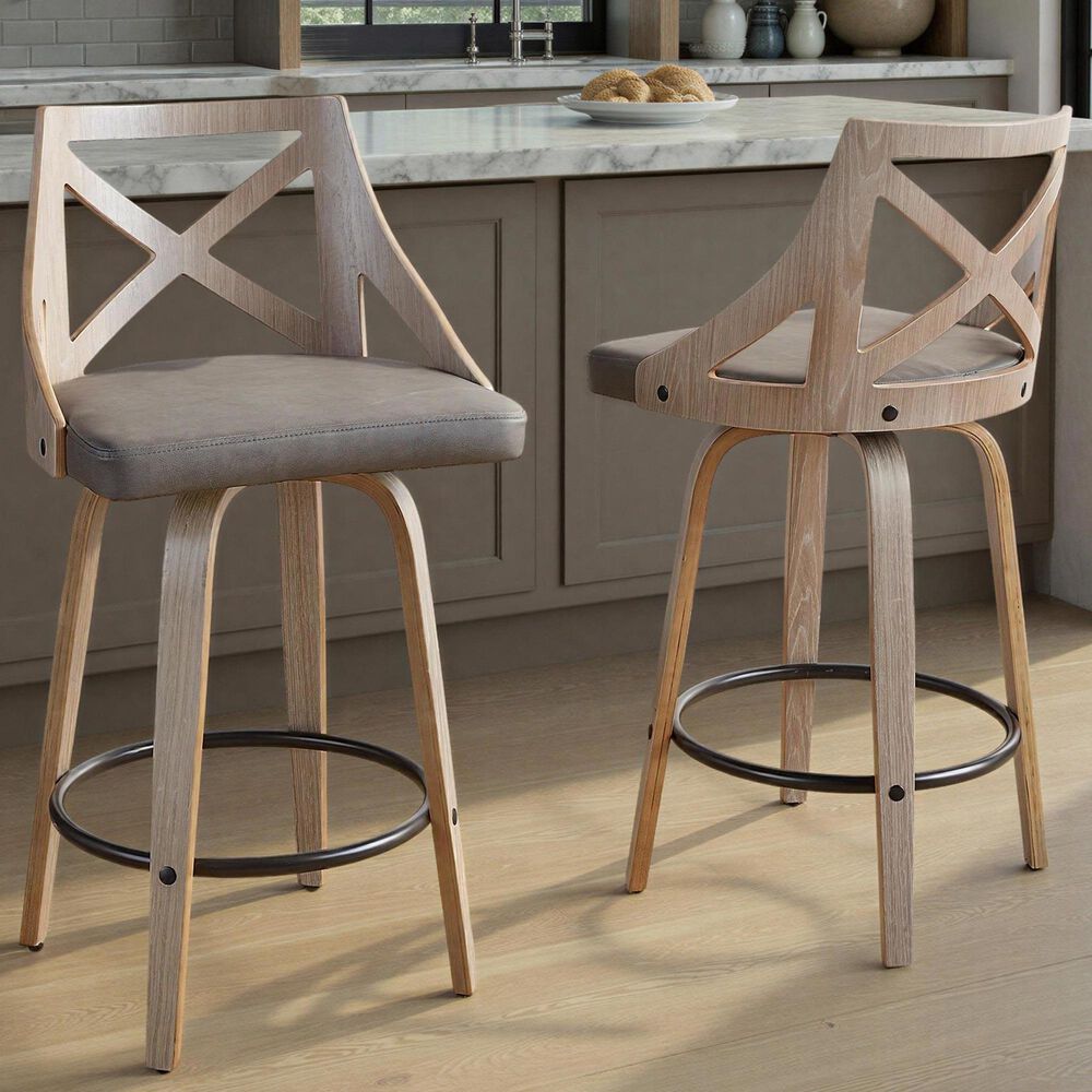 LumiSource Charlotte Swivel Counter Stool with Grey Faux Leather Upholstery in Light Grey and Black (Set of 2), , large