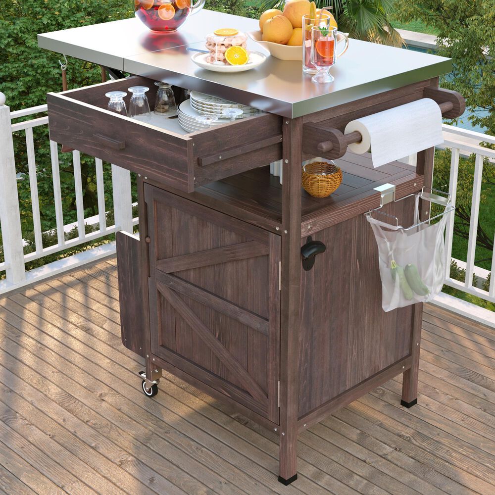 HOMLUX 40.5" Outdoor Kitchen Island with One Drawer in Brown and Stainless Steel, , large