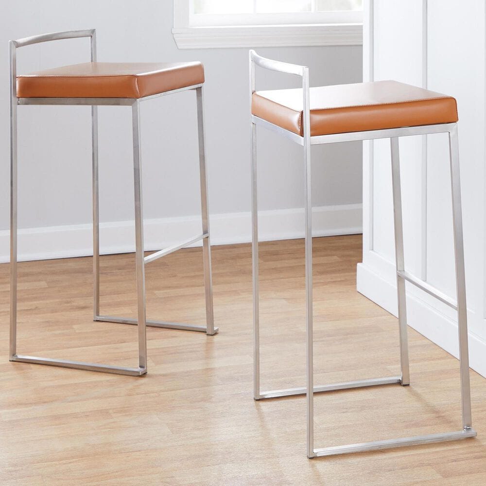 Lumisource Fuji Stackable Barstool with Camel Faux Leather in Stainless Steel &#40;Set of 2&#41;, , large