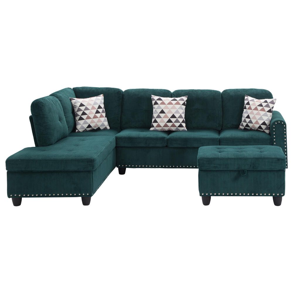 HOMLUX 94.49" L-Shaped Modular Sectional Sofa with Storage Ottoman and Cup Holders in Green, , large