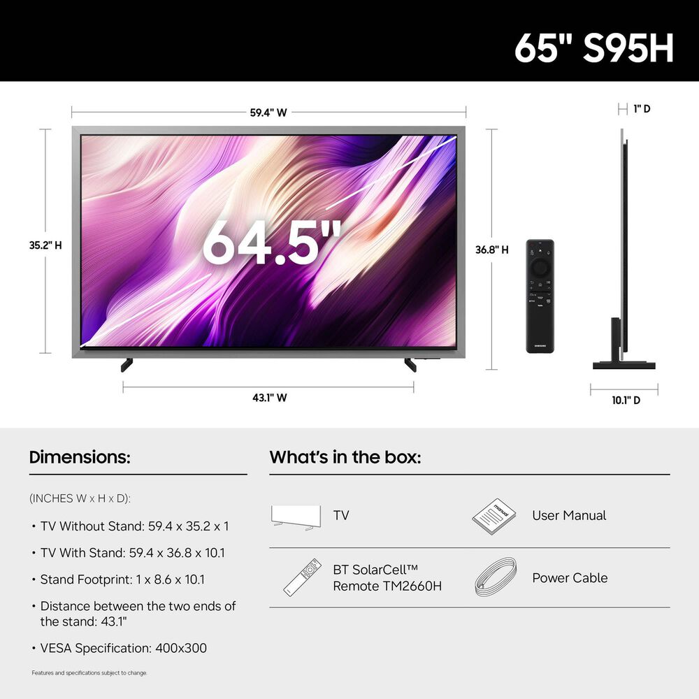 Samsung 65" Class S95H Series OLED 4K UHD Vision AI - Smart TV with Q-Series 5.1.2 Channel Soundbar System in Slate Black and Black, , large
