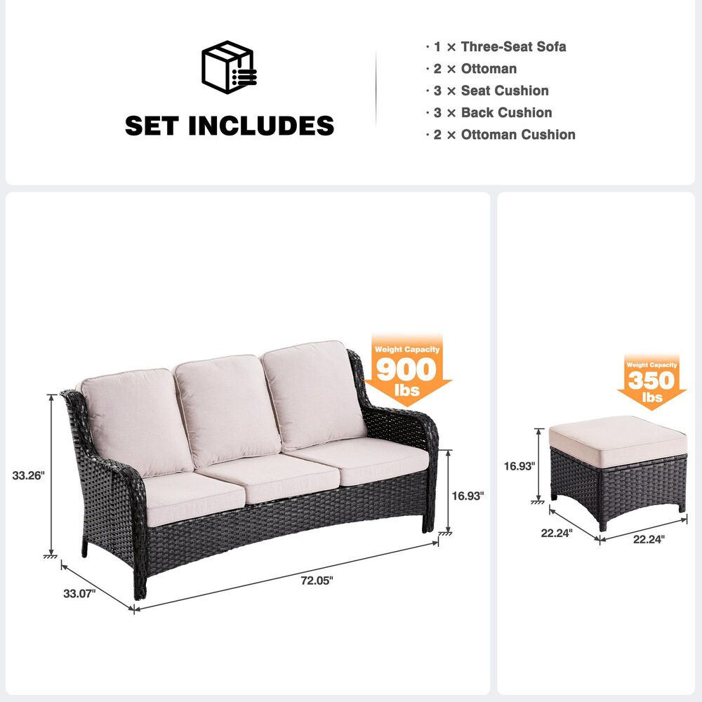 HOMLUX 3-Piece 72" Patio Sofa and Ottoman Set with Brown Wicker in Beige, , large