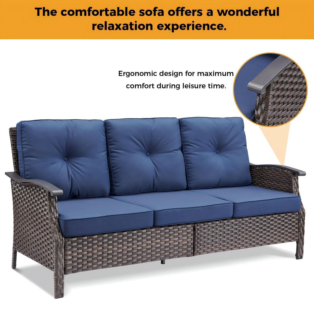 Sunwell Garden 37"H 3-Seater Outdoor Sofa with Wide Armrests and Navy Cushions in Brown, , large
