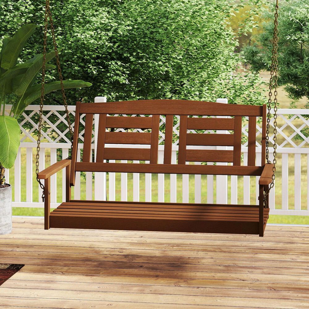 HOMLUX 2-Person Hanging Porch Swing Wood Bench with Hanging Chains, Curved Back in Teak Oil, , large