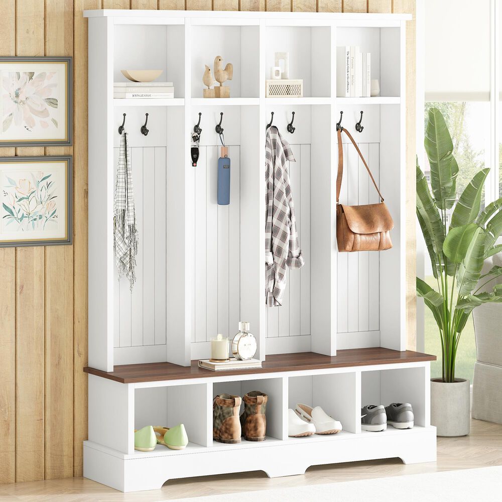 HOMLUX 8-Hook Hall Tree with Entryway Bench in White and Walnut, , large