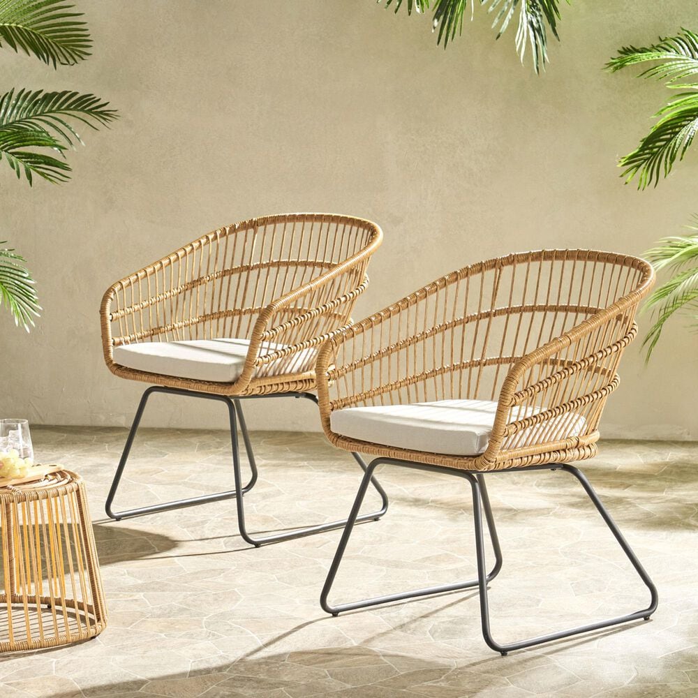 Hearth and Haven Terry Outdoor Dining Chair with Beige Cushion in Light Brown &#40;Set of 2&#41;, , large