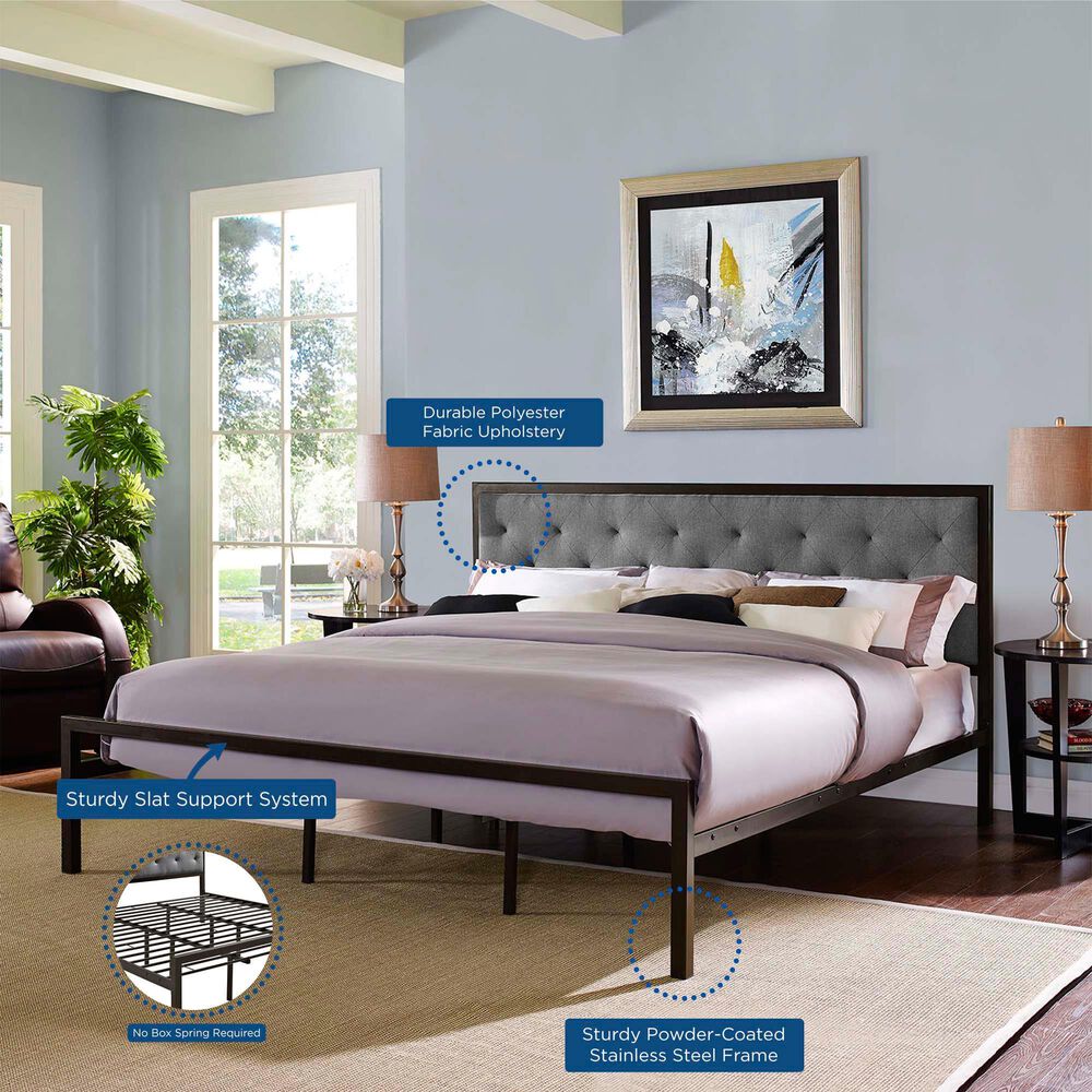 Modway Mia Gray Fabric Upholstered King Platform Bed in Brown, , large