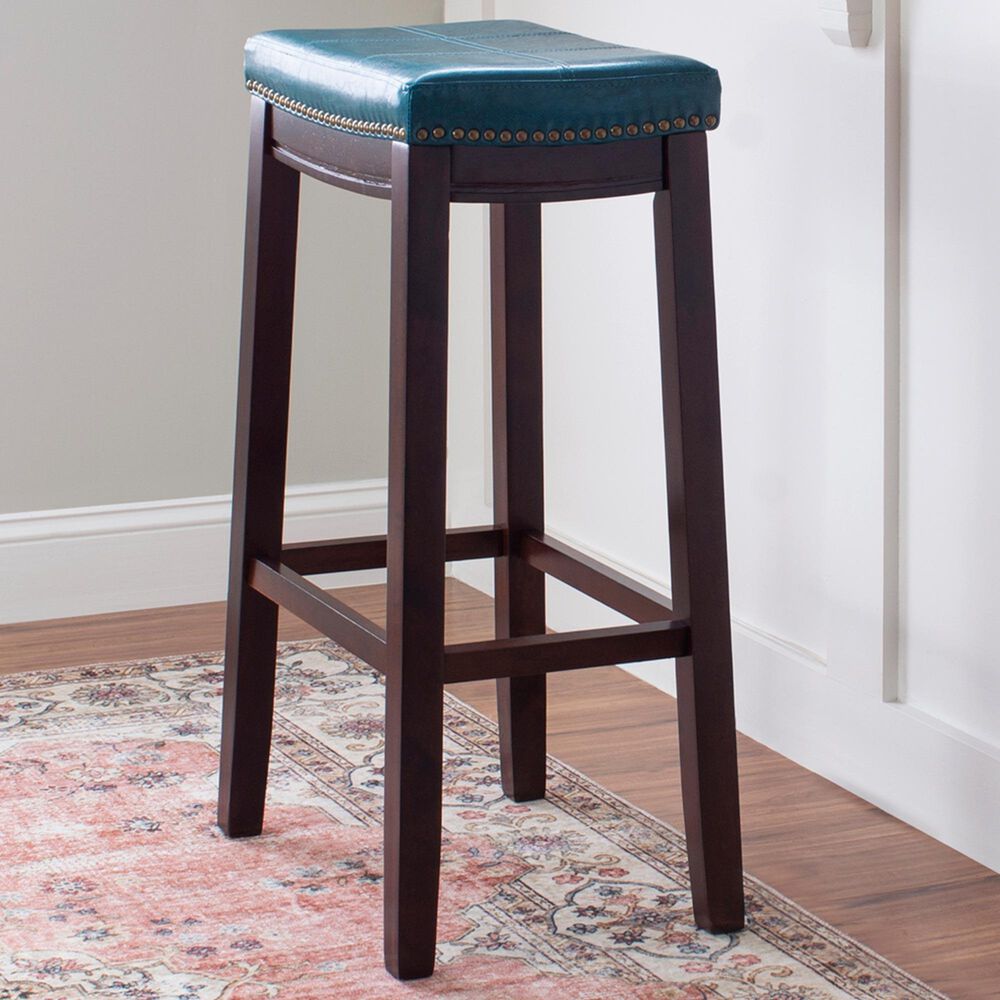 Linon Home Decor Claridge Bar Stool with Blue Cushion in Dark Brown, , large
