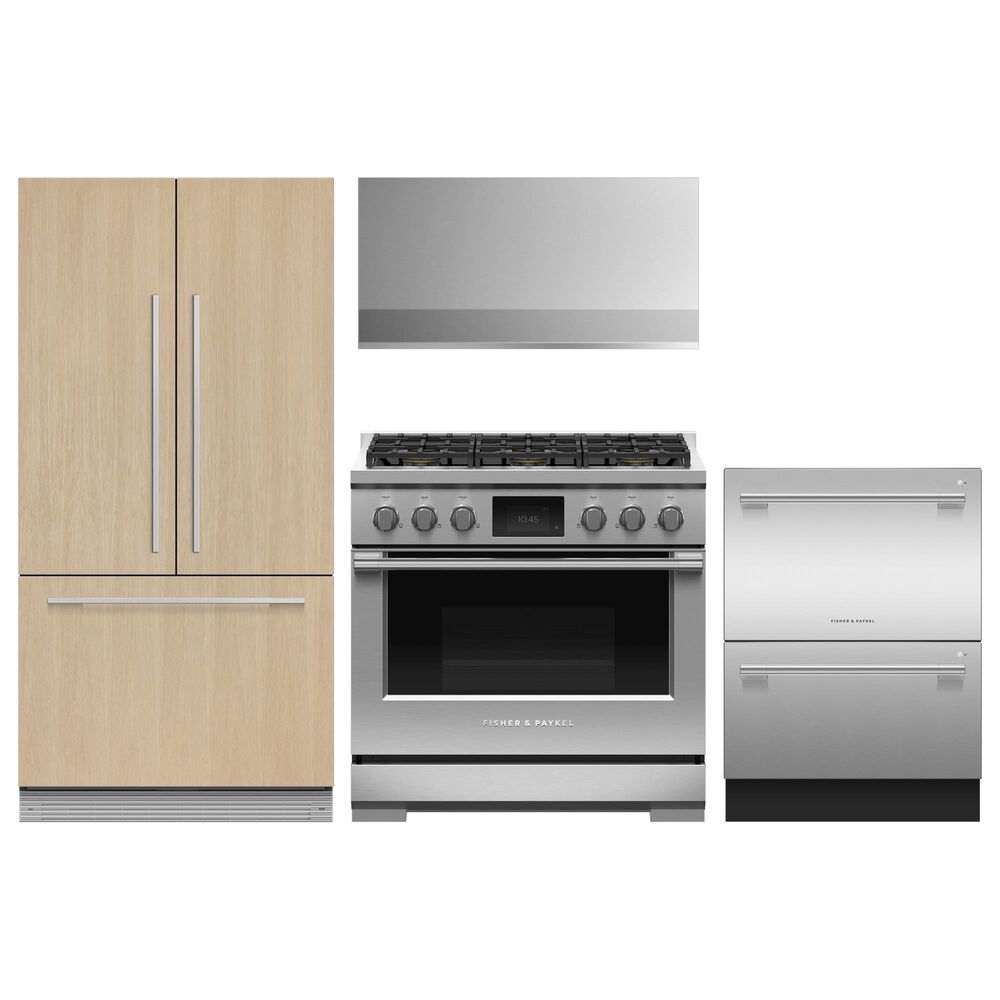 Fisher & Paykel 4pc Kitchen Package with 16.8 Cu. Ft. Built-In French Door Refrigerator with Ice, 36" Professional Dual Fuel Range with Natural Gas, 36" 600 CFM Professional Range Hood, and 24" Professional Built-In Double Drawer Dishwasher, , large
