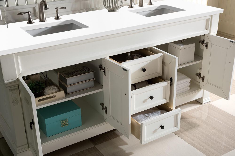 James Martin Vanities Brookfield 72&quot; Double Bathroom Vanity in Bright White with 3 cm White Zeus Quartz Top and Rectangular Sinks, , large