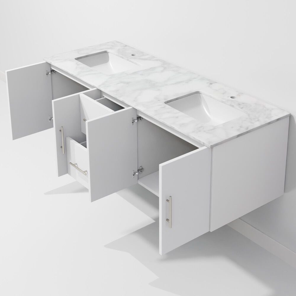 Lexora Home Geneva 60" Double Bathroom Vanity in Glossy White with 2 cm White Carrara Marble Top and Rectangular Sinks, , large