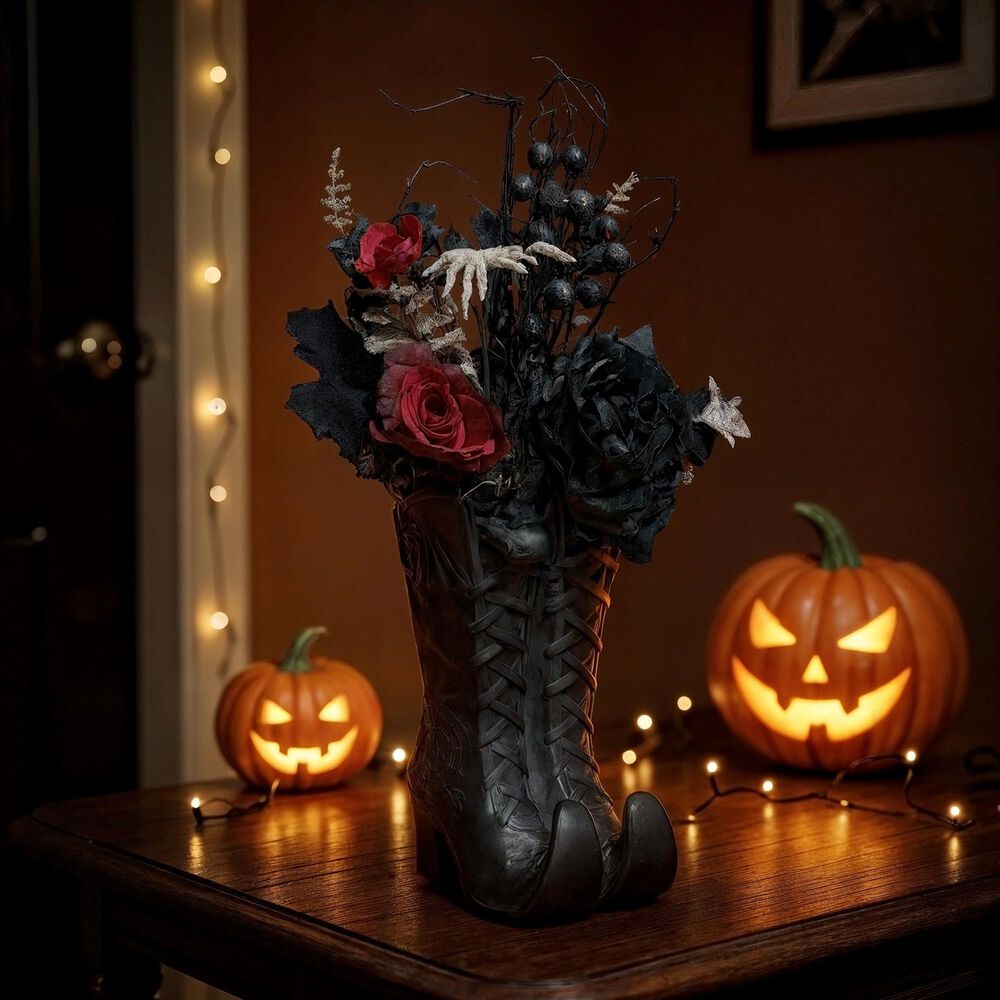 The Gerson Company 22&quot;H Resin Halloween Witch Boots with Floral Arrangement in Black, , large