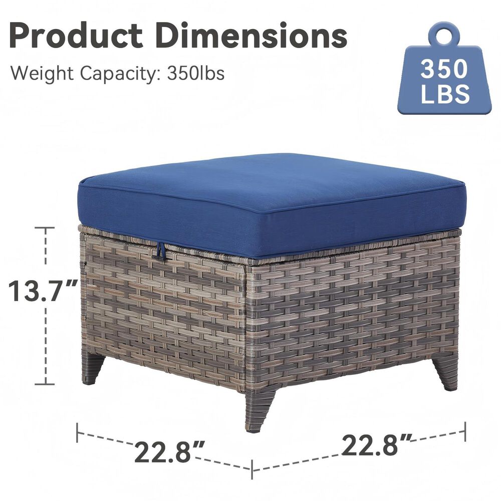 Sunwell Garden 13.7" Ottoman with Navy Cushion in Grey (Set of 2), , large