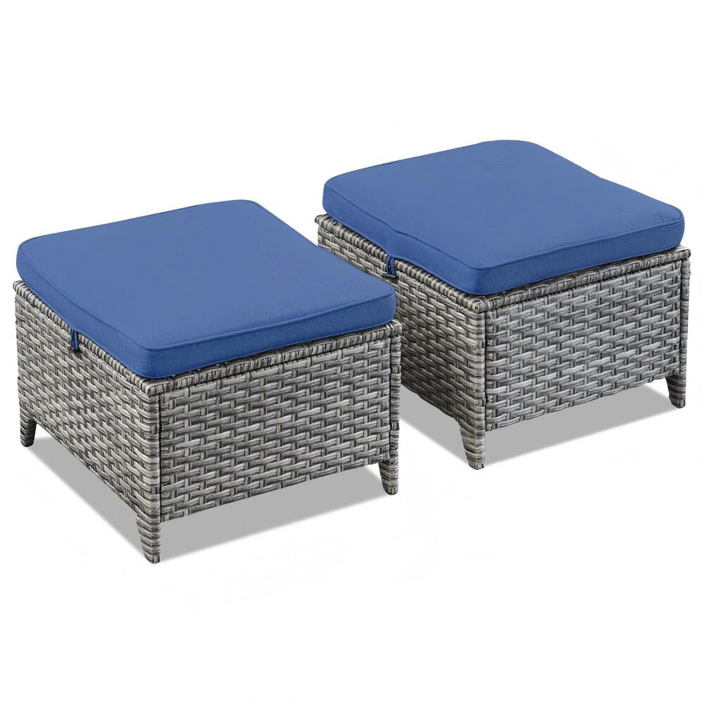Sunwell Garden 14.2" Ottoman with Navy Cushion in Gray (Set of 2), , large