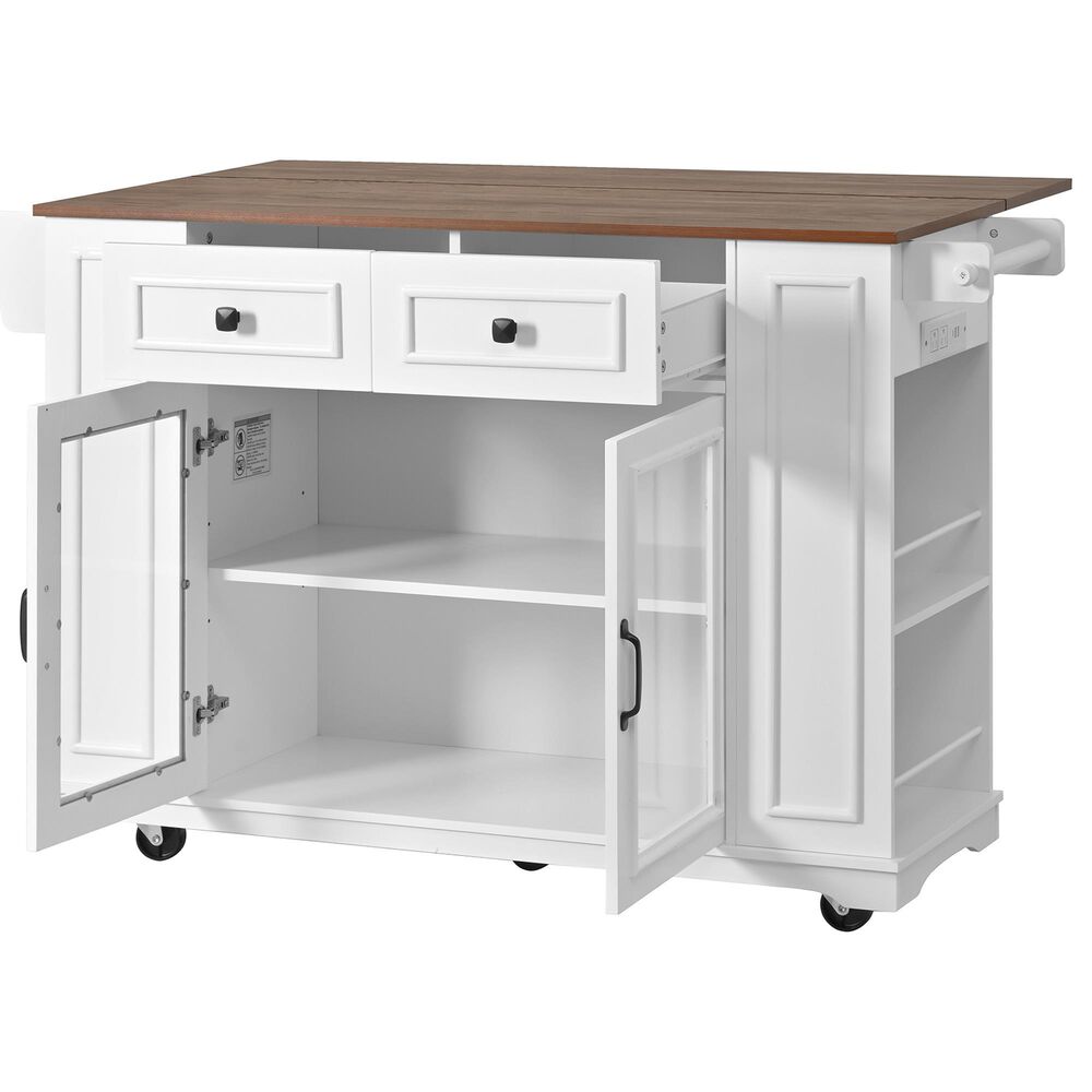 HOMLUX 54" Mobile Kitchen Island with Glass Door Storage in Walnut and White, , large