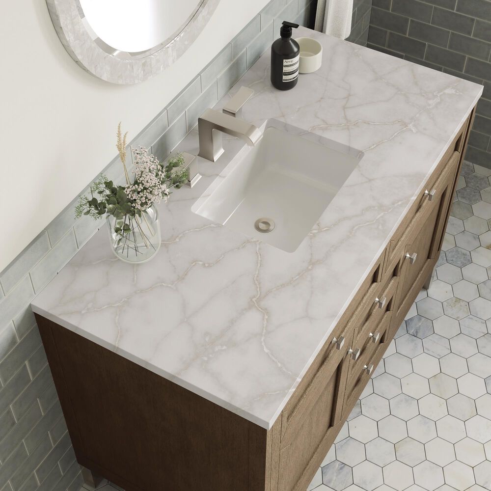 James Martin Vanities Chicago 48&quot; Single Bathroom Vanity in Whitewashed Walnut with 3 cm Victorian Silver Quartz Top and Rectangular Sink, , large