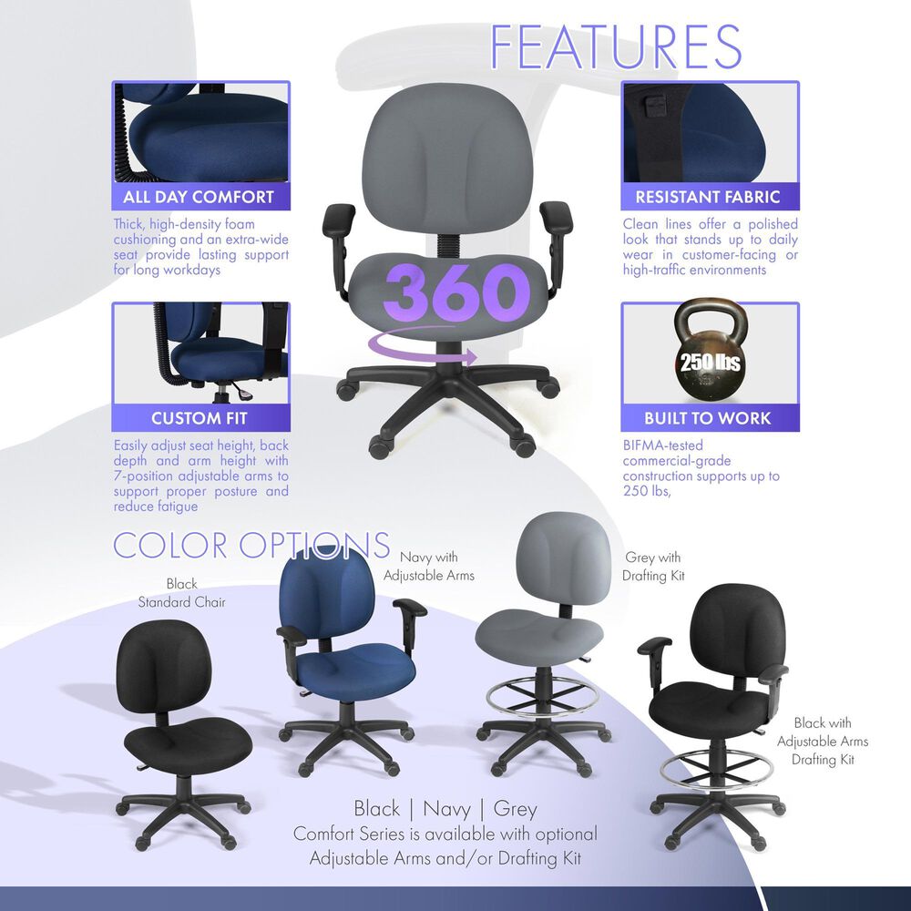 Regency Global Sourcing Comfort Series Swivel Computer Task Chair with Adjustable Arms in Grey, , large