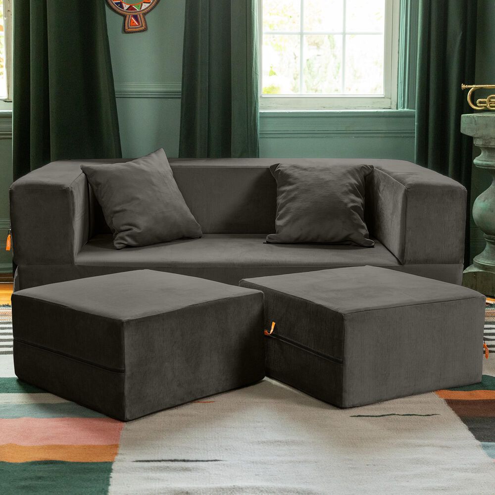 Jaxx Zipline 3-Piece Stationary Convertible Sleeper Loveseat in Charcoal Velvet, , large