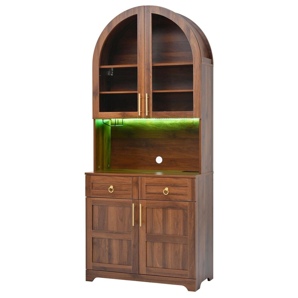 HOMLUX 75" Arched Kitchen Pantry Cabinet with LED Light in Walnut, , large