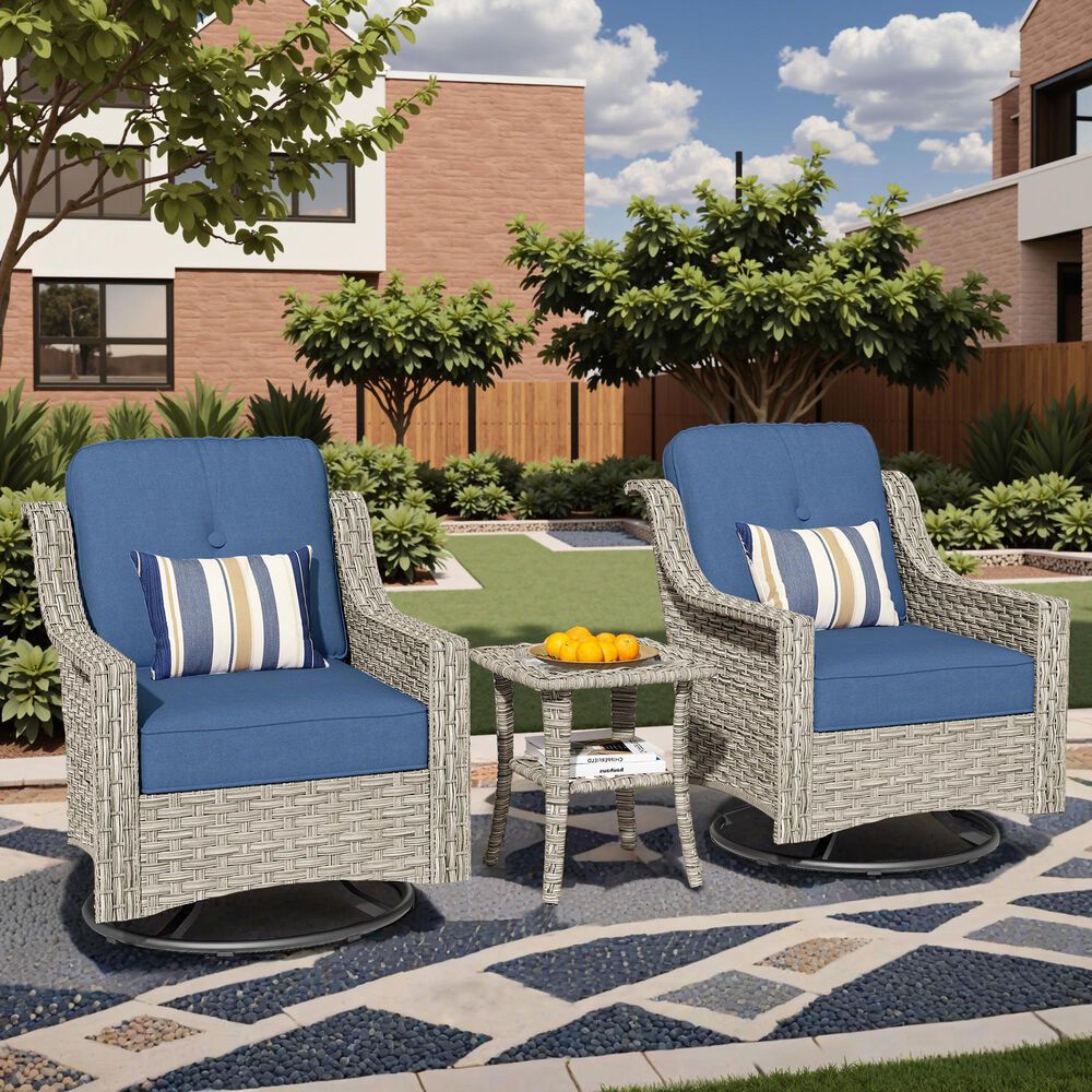 HOMLUX 3-Piece Outdoor Swivel Rocking Chair Set and Side Table in Denim Blue, , large