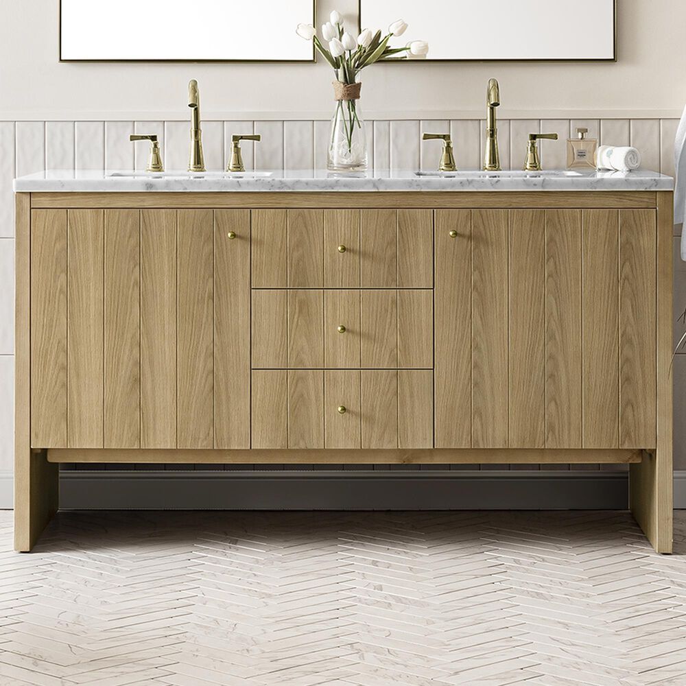 James Martin Vanities Hudson 60&quot; Double Bathroom Vanity in Light Natural Oak with 3 cm Carrara White Marble Top and Rectangular Sinks, , large
