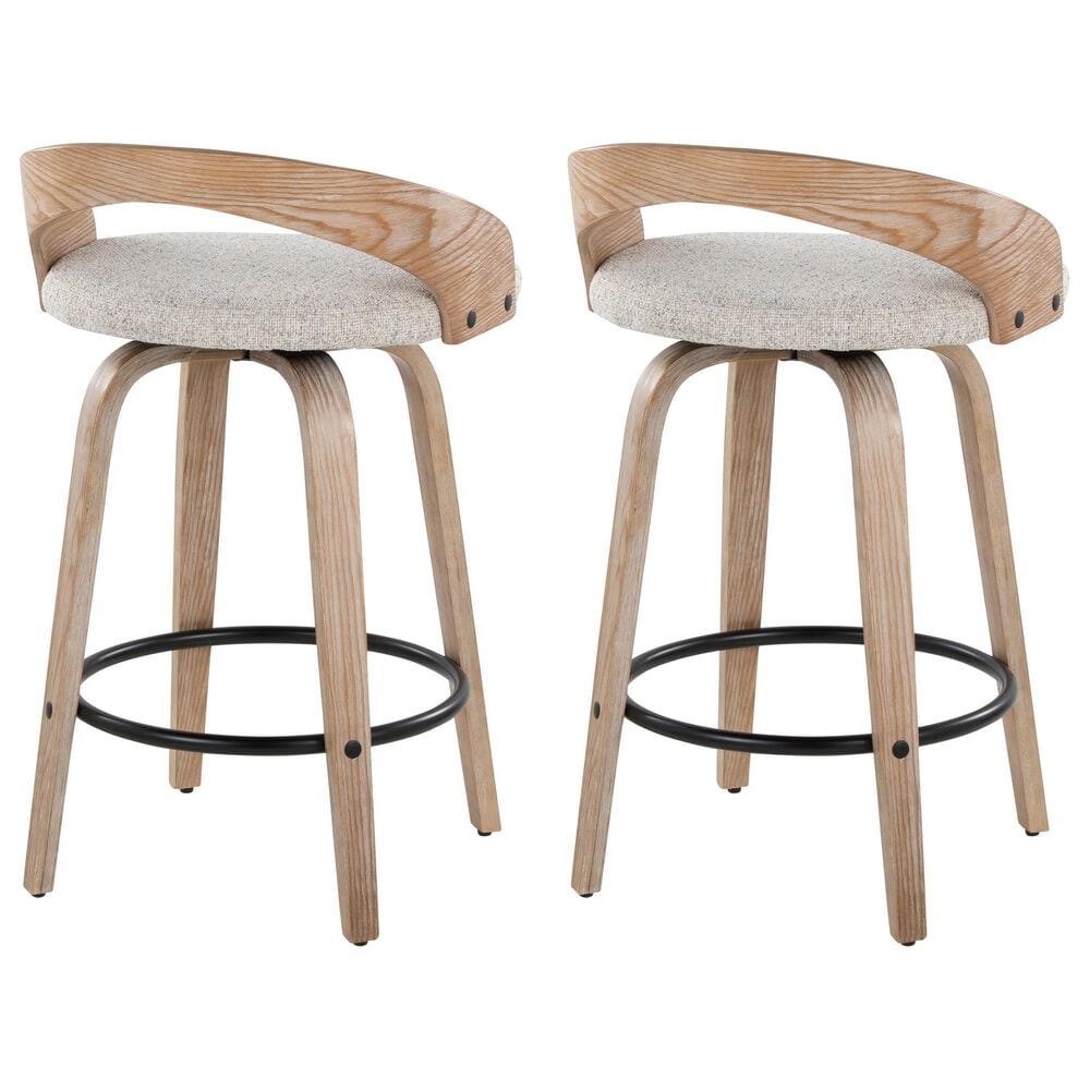 LumiSource Grotto 26" Swivel Counter Stool with Oat Fabric Upholstery in Whitewashed and Black (Set of 2), , large